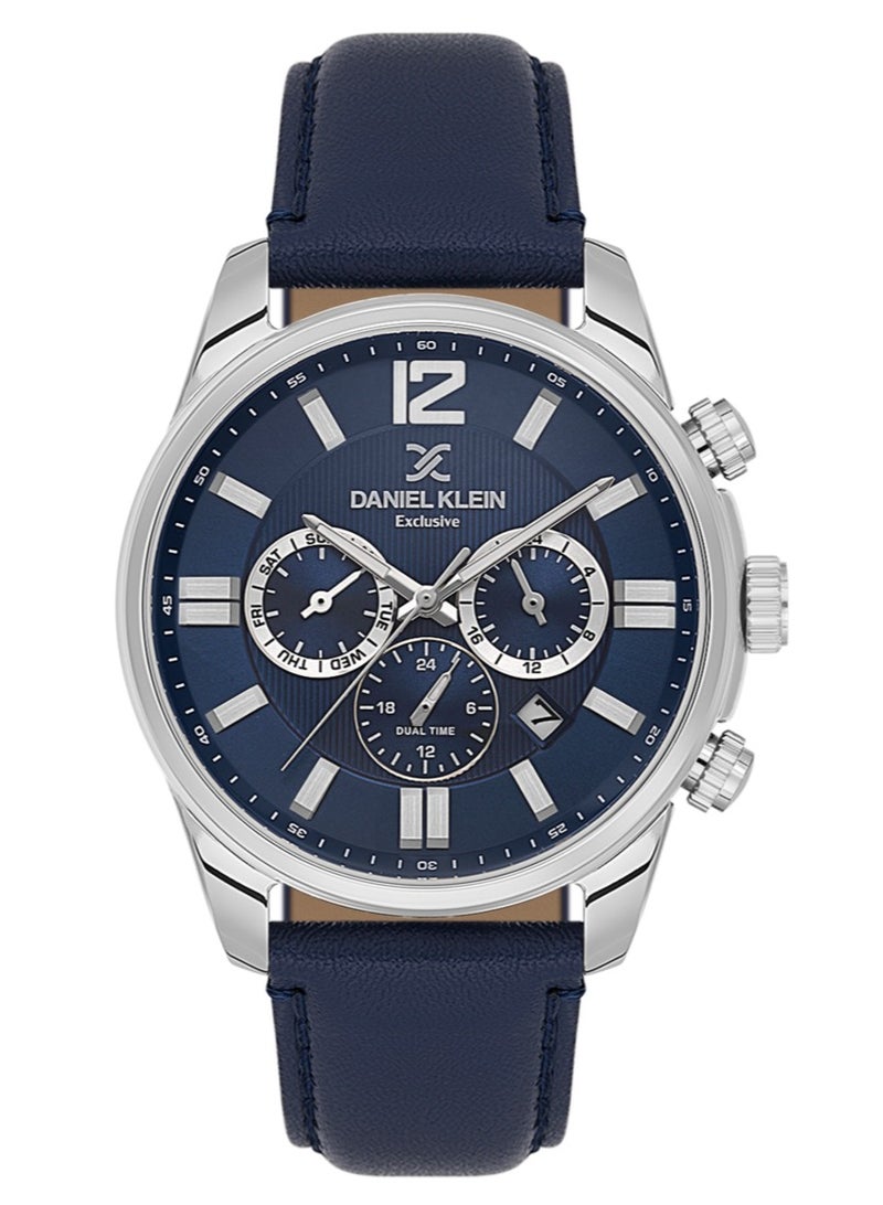 دانيل كلاين ساعة رجالية سوار جلد | هيكل من سبيكة فضية | تناظري | قرص أزرق داكن دائري منقوش | حركة كوارتز يابانية | حصرية | مقاومة للماء حتى عمق 50 مترًا - Image 1